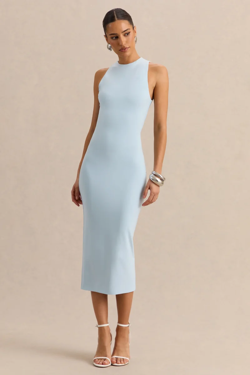 Mirana | Vestido Midi Azul Polvos De Jersey Elástico Premium Con Cuello Alto - Imagen 6