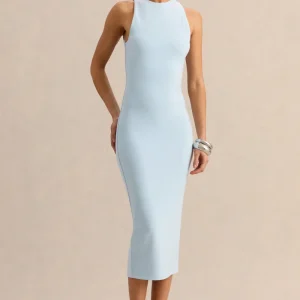 Mirana | Vestido Midi Azul Polvos De Jersey Elástico Premium Con Cuello Alto
