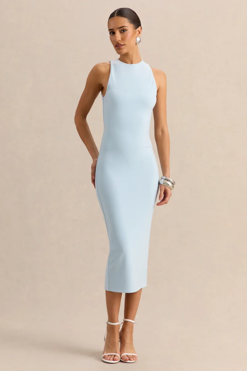 Mirana | Vestido Midi Azul Polvos De Jersey Elástico Premium Con Cuello Alto - Imagen 2
