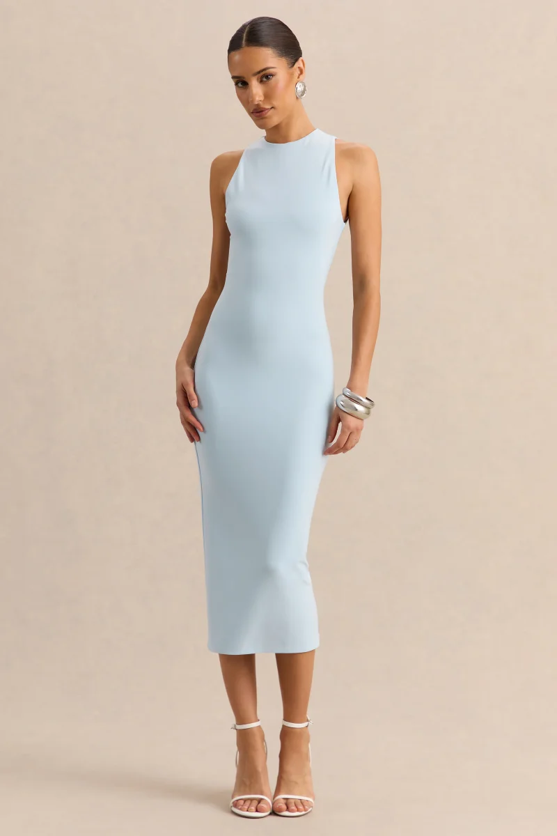 Mirana | Vestido Midi Azul Polvos De Jersey Elástico Premium Con Cuello Alto - Imagen 4