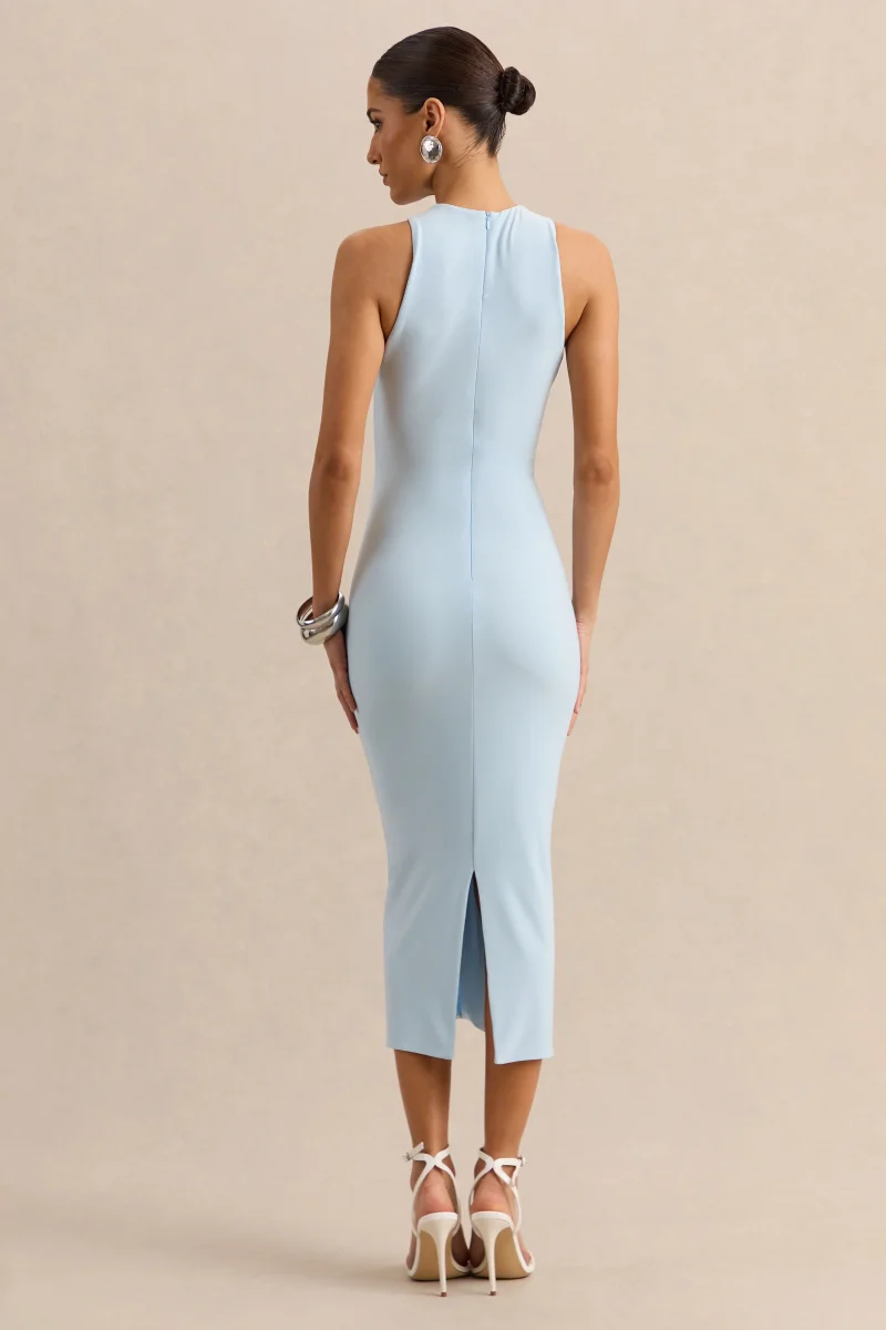 Mirana | Vestido Midi Azul Polvos De Jersey Elástico Premium Con Cuello Alto - Imagen 3