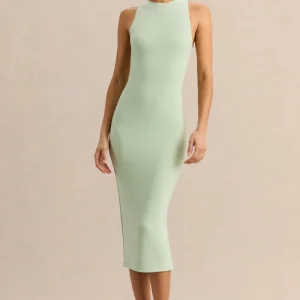 Mirana | Vestido Midi Menta De Jersey Elástico Premium Con Cuello Alto