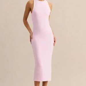 Mirana | Vestido Midi Rosa Claro De Jersey Elástico Premium Con Cuello Alto