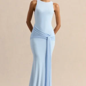 Mirene | Vestido Largo Azul Polvos De Jersey Elástico Premium Con Escote Redondo Y Detalle Fruncido