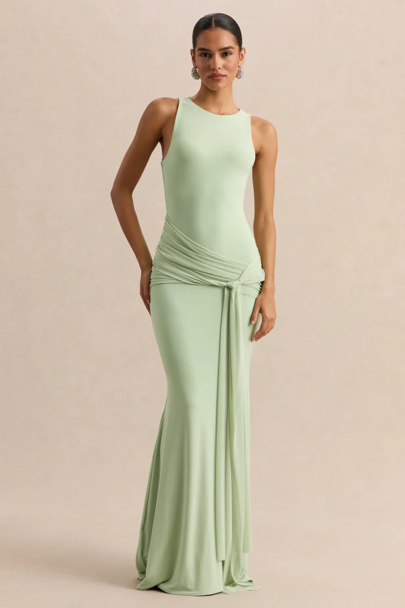 Mirene | Vestido Largo Menta De Jersey Elástico Premium Con Escote Redondo Y Detalle Fruncido