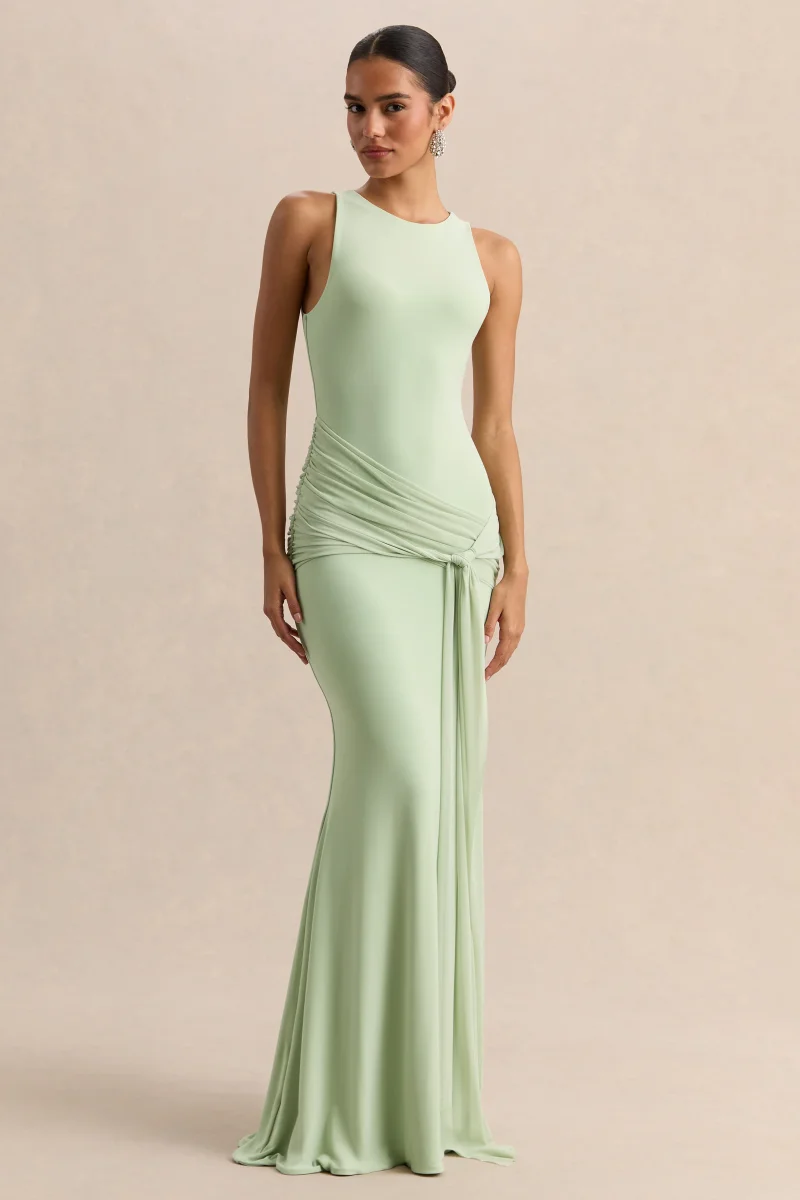 Mirene | Vestido Largo Menta De Jersey Elástico Premium Con Escote Redondo Y Detalle Fruncido - Imagen 4