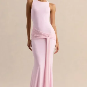 Mirene | Vestido Largo Rosa Claro De Jersey Elástico Premium Con Escote Redondo Y Detalle Fruncido