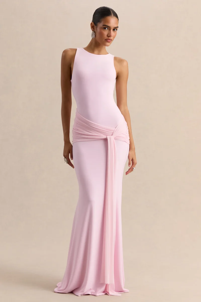 Mirene | Vestido Largo Rosa Claro De Jersey Elástico Premium Con Escote Redondo Y Detalle Fruncido