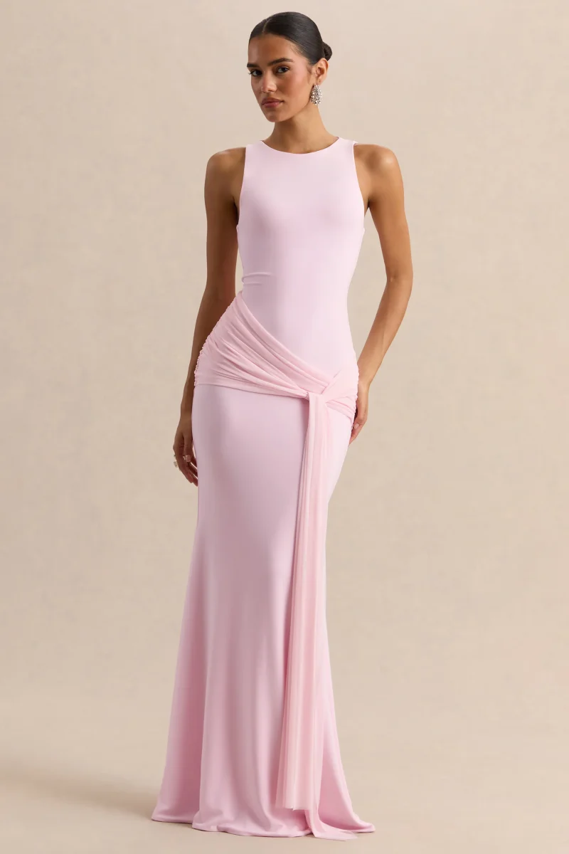 Mirene | Vestido Largo Rosa Claro De Jersey Elástico Premium Con Escote Redondo Y Detalle Fruncido - Imagen 6