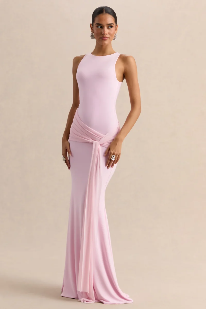 Mirene | Vestido Largo Rosa Claro De Jersey Elástico Premium Con Escote Redondo Y Detalle Fruncido - Imagen 5