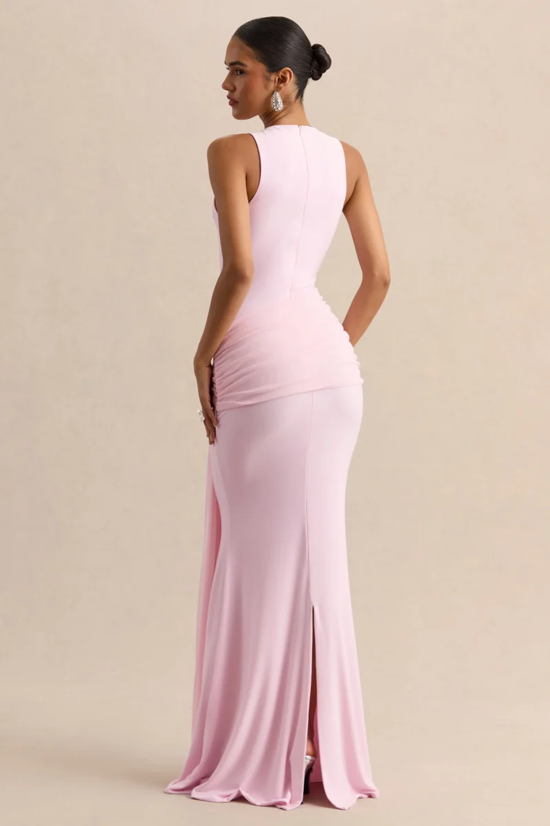 Mirene | Vestido Largo Rosa Claro De Jersey Elástico Premium Con Escote Redondo Y Detalle Fruncido - Imagen 3