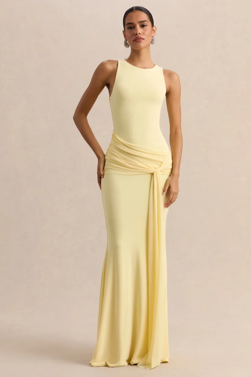 Mirene | Vestido Largo Limón De Jersey Elástico Premium Con Escote Redondo Y Detalle Fruncido - Imagen 3