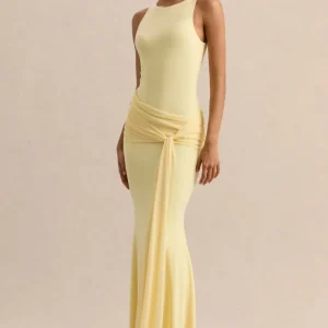 Mirene | Vestido Largo Limón De Jersey Elástico Premium Con Escote Redondo Y Detalle Fruncido
