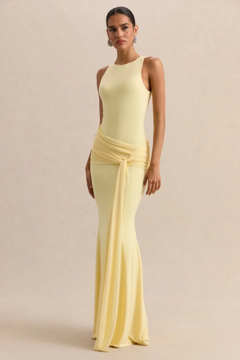 Mirene | Vestido Largo Limón De Jersey Elástico Premium Con Escote Redondo Y Detalle Fruncido - Imagen 2