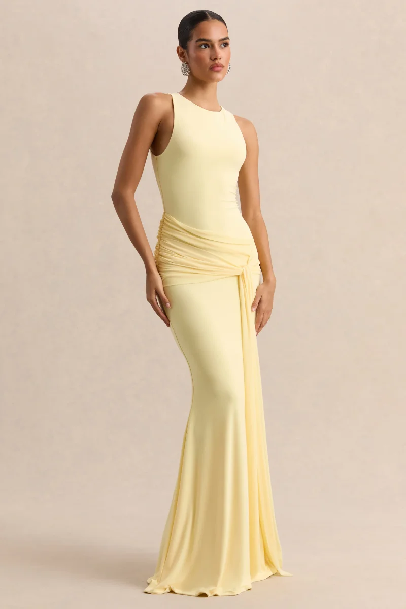 Mirene | Vestido Largo Limón De Jersey Elástico Premium Con Escote Redondo Y Detalle Fruncido - Imagen 4