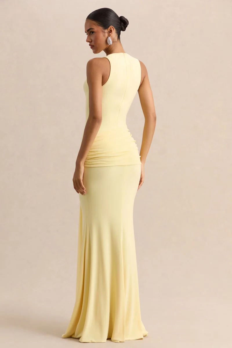 Mirene | Vestido Largo Limón De Jersey Elástico Premium Con Escote Redondo Y Detalle Fruncido - Imagen 5