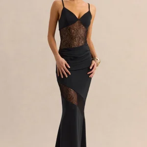Belvair | Vestido Largo Negro De Satén Y Encaje Con Detalle Drapeado