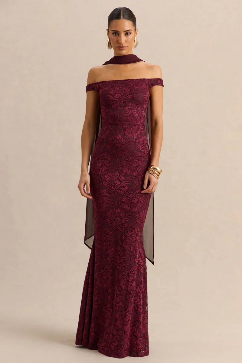 Iselle | Vestido Largo De Encaje Burdeos Con Escote Bardot Y Detalle De Pañuelo - Imagen 6