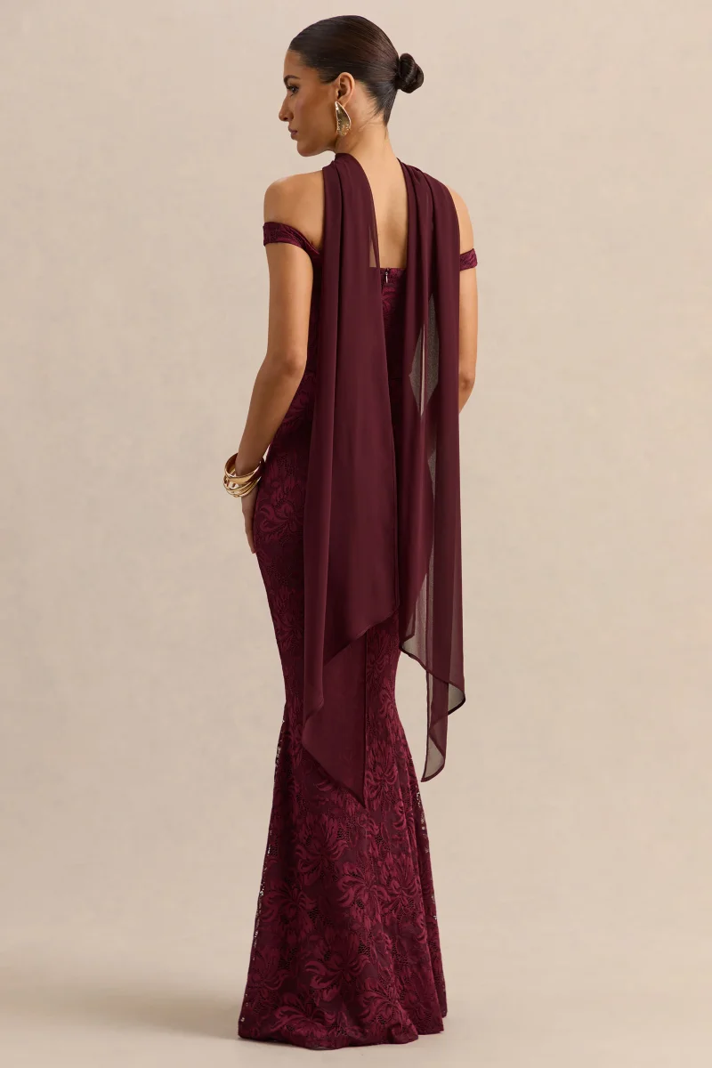 Iselle | Vestido Largo De Encaje Burdeos Con Escote Bardot Y Detalle De Pañuelo - Imagen 3