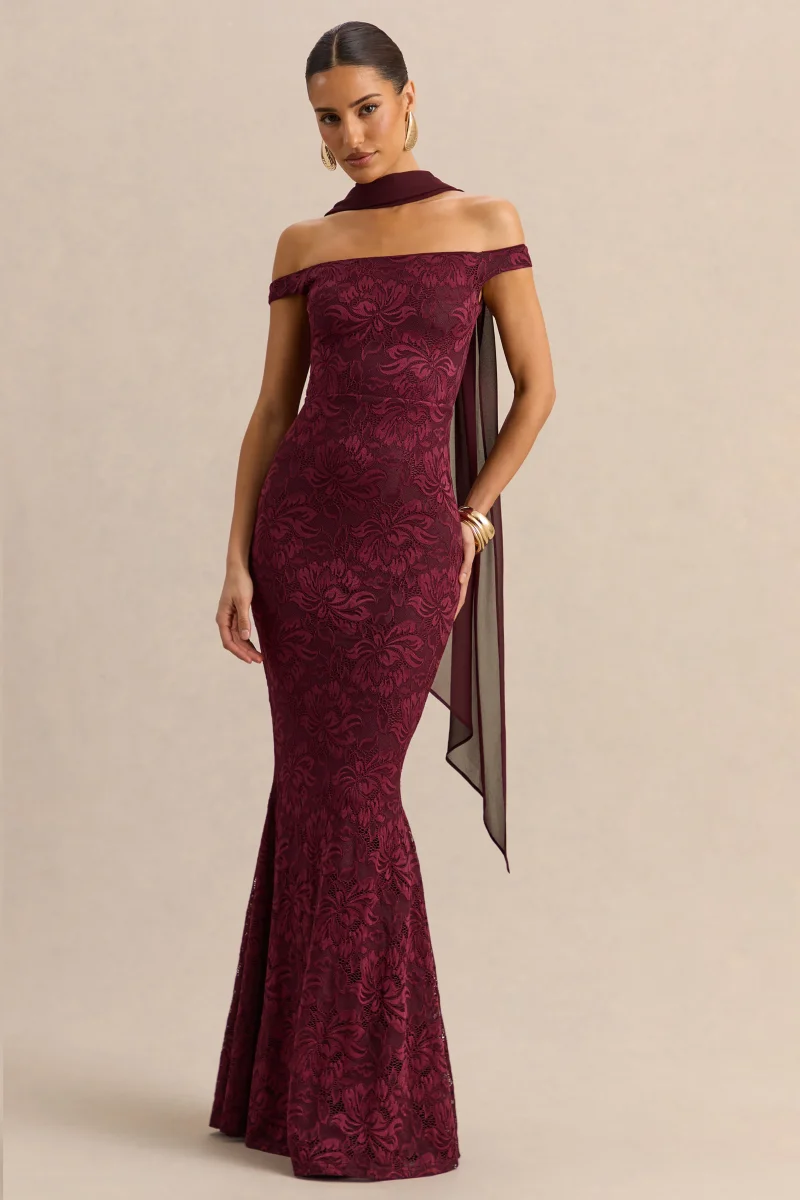 Iselle | Vestido Largo De Encaje Burdeos Con Escote Bardot Y Detalle De Pañuelo - Imagen 2