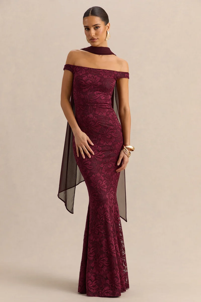 Iselle | Vestido Largo De Encaje Burdeos Con Escote Bardot Y Detalle De Pañuelo - Imagen 5