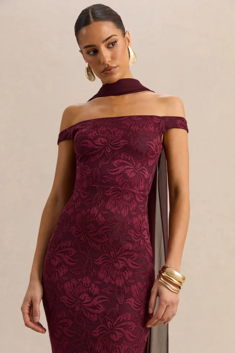 Iselle | Vestido Largo De Encaje Burdeos Con Escote Bardot Y Detalle De Pañuelo - Imagen 4