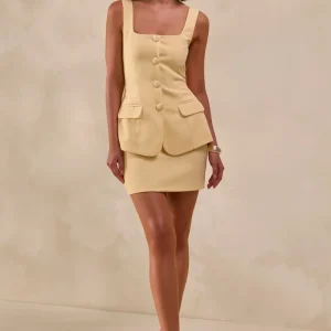 Jeshika | Vestido Corto Entallado De Escote Cuadrado En Limón