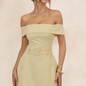 Cilly | Vestido Corto Limón De Crepé Con Escote Bardot Y Detalle De Cinturón
