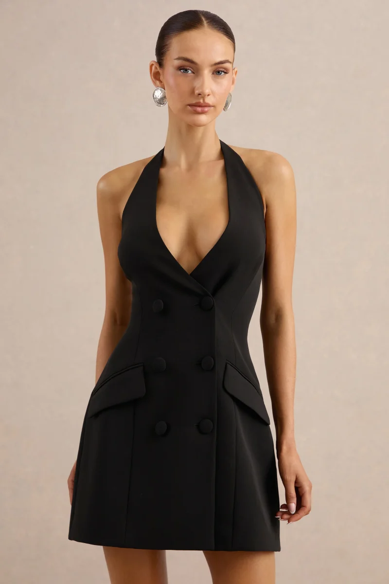 Carlin | Vestido Corto Negro De Crepé Con Escote Pronunciado Y Detalle De Botones - Imagen 4