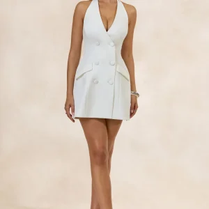 Carlin | Vestido Corto Blanco De Crepé Con Escote Pronunciado Y Detalle De Botones