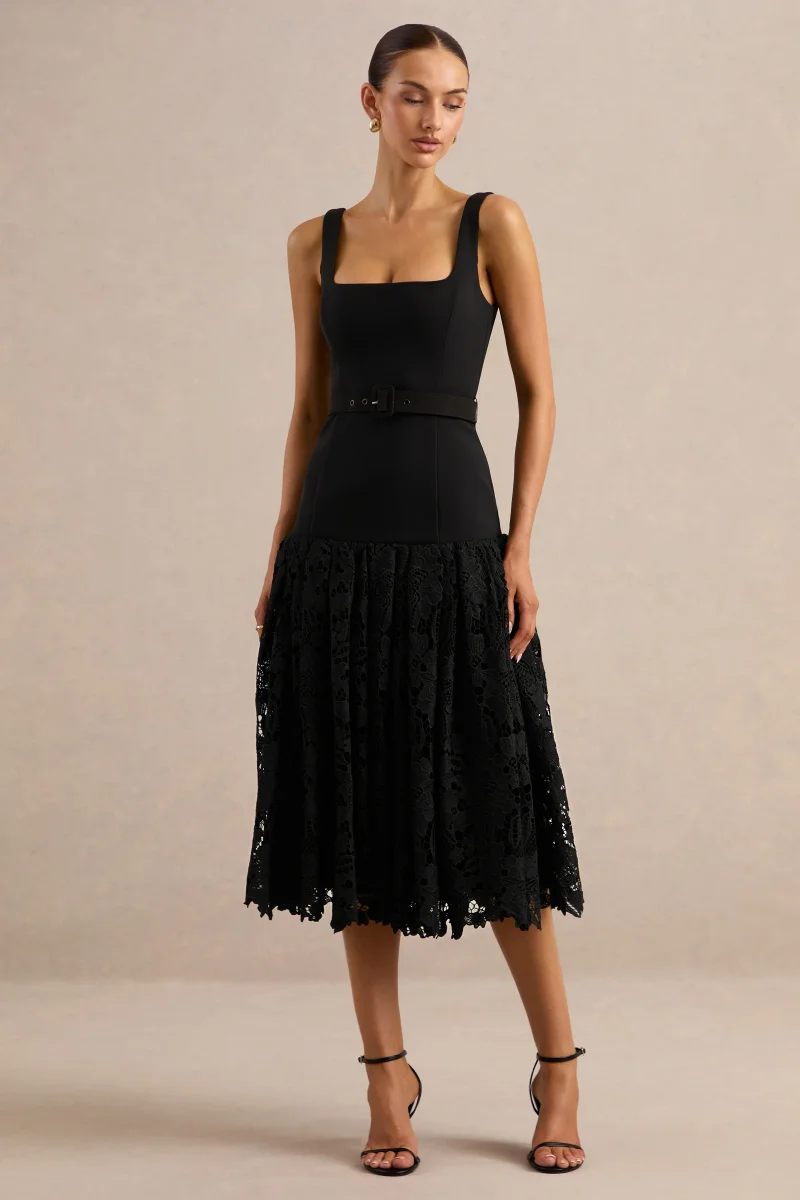 Norrie | Vestido Midi Negro De Crepé Con Cuello Cuadrado Y Falda De Encaje Voluminosa - Imagen 4