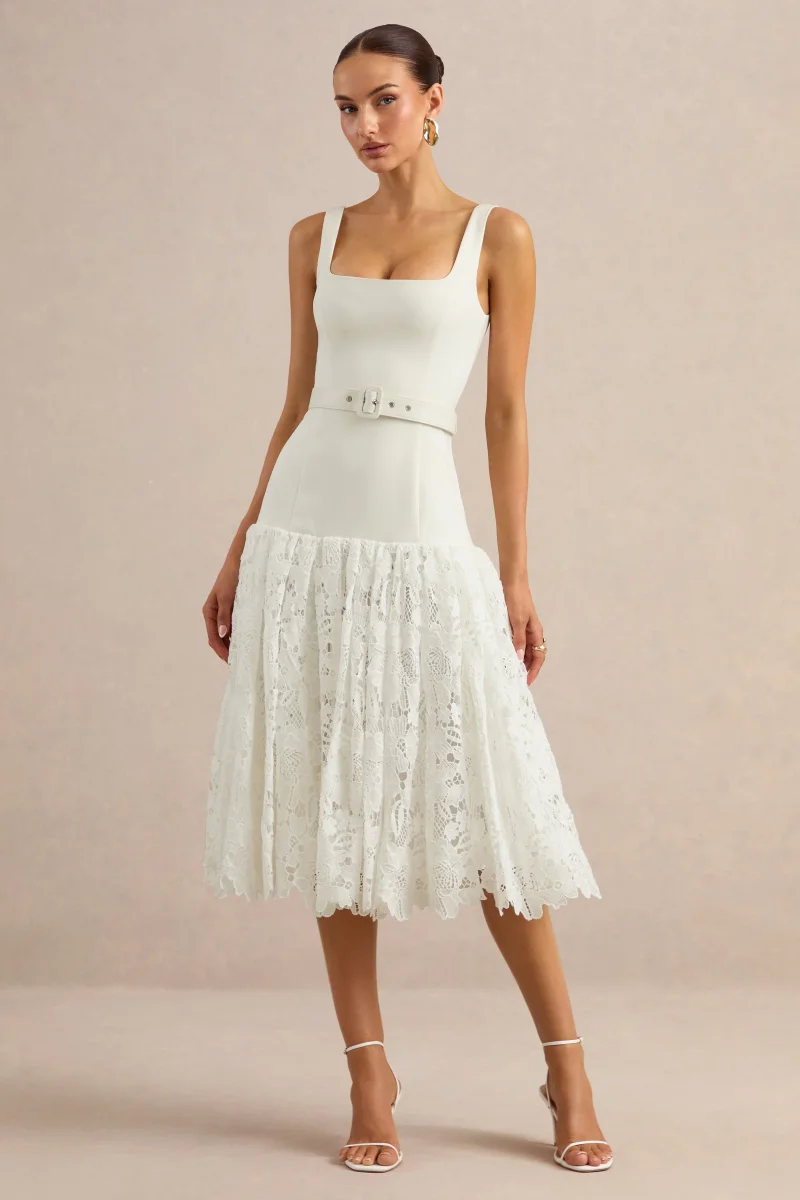 Norrie | Vestido Midi Blanco Con Escote Cuadrado Y Falda De Encaje Voluminosa