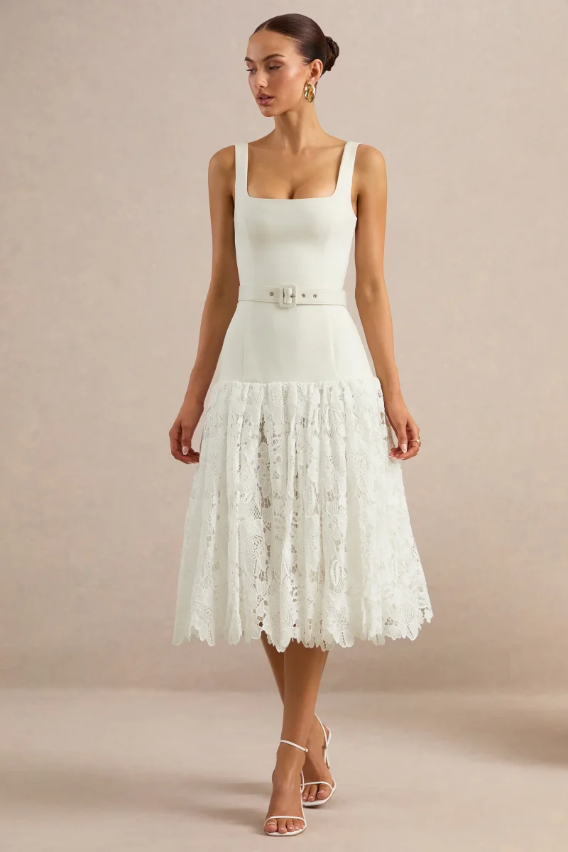 Norrie | Vestido Midi Blanco Con Escote Cuadrado Y Falda De Encaje Voluminosa - Imagen 4