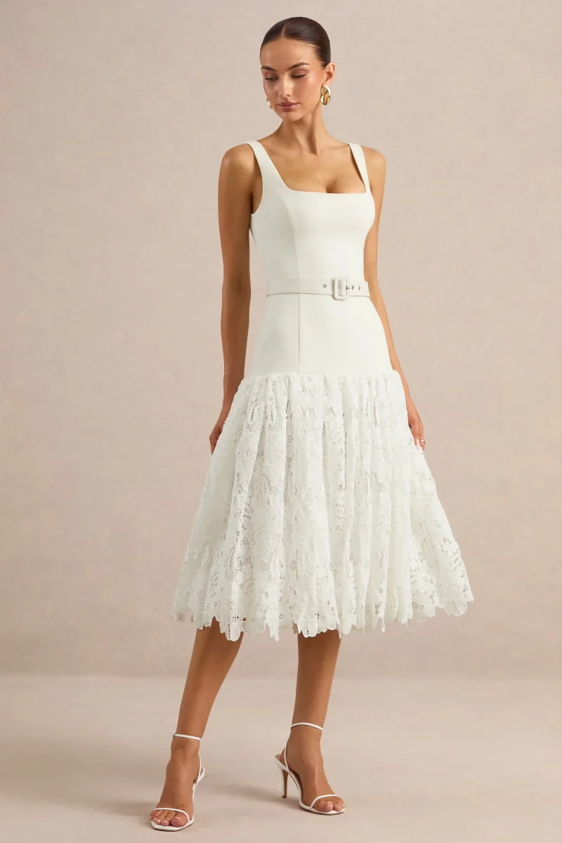 Norrie | Vestido Midi Blanco Con Escote Cuadrado Y Falda De Encaje Voluminosa - Imagen 6