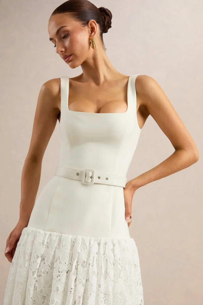 Norrie | Vestido Midi Blanco Con Escote Cuadrado Y Falda De Encaje Voluminosa - Imagen 5