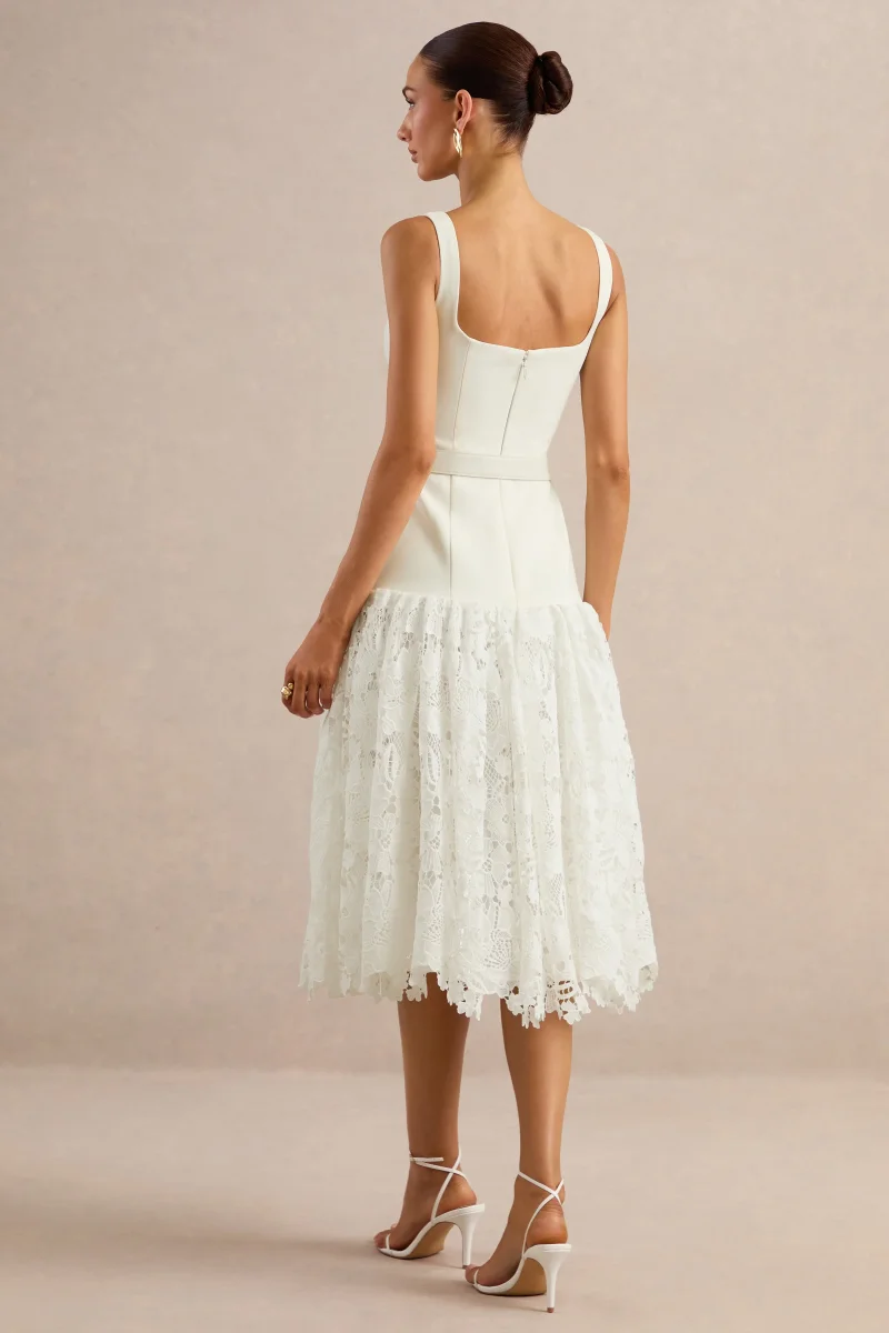 Norrie | Vestido Midi Blanco Con Escote Cuadrado Y Falda De Encaje Voluminosa - Imagen 3