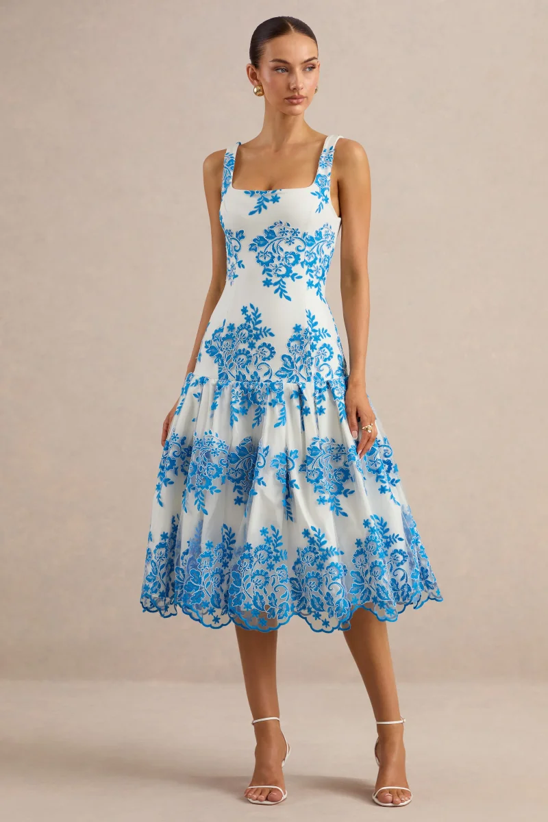 Mayra | Vestido Midi Azul De Encaje Con Escote Cuadrado Y Falda Voluminosa - Imagen 2