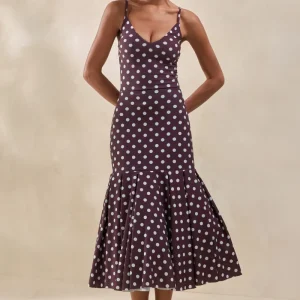 Masie | Falda Midi Marrón De Lunares Con Talle Caído