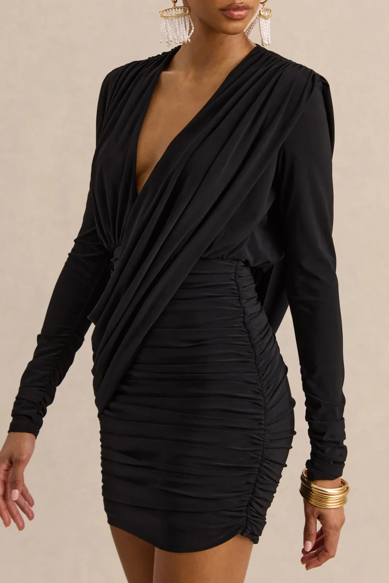 Ajana | Vestido Corto Negro De Escote Pronunciado Con Detalle Cruzado - Imagen 5
