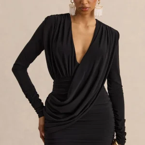 Ajana | Vestido Corto Negro De Escote Pronunciado Con Detalle Cruzado