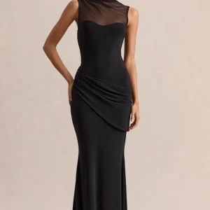 Lyssy | Negro Cuello Alto Vestido Largo con Detalle de Malla