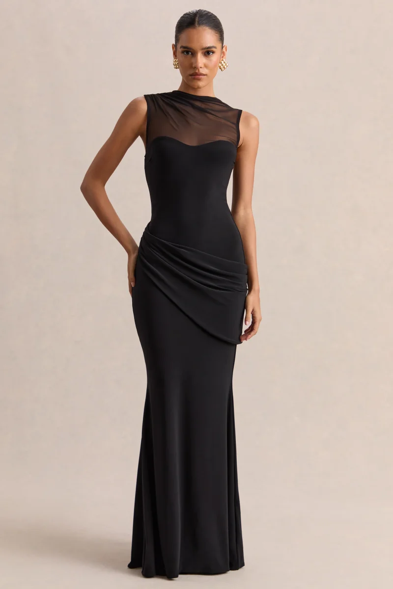 Lyssy | Negro Cuello Alto Vestido Largo con Detalle de Malla - Imagen 2
