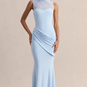 Lyssy | Azul Celeste Cuello Alto Vestido Largo con Detalle de Malla
