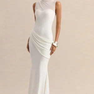 Lyssy | Vestido Largo Blanco Cuello Alto con Detalle de Malla