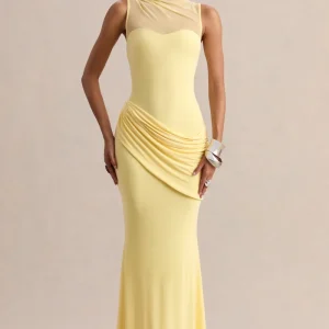 Lyssy | Limón Cuello Alto Vestido Largo con Detalle de Malla