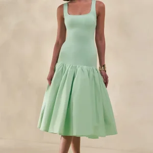 Nanette | Vestido Midi Verde Menta Con Cuello Cuadrado Y Falda Voluminosa