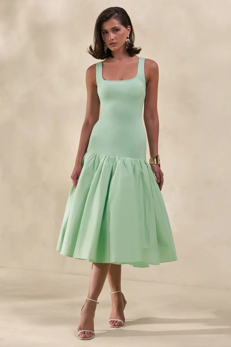 Nanette | Vestido Midi Verde Menta Con Cuello Cuadrado Y Falda Voluminosa