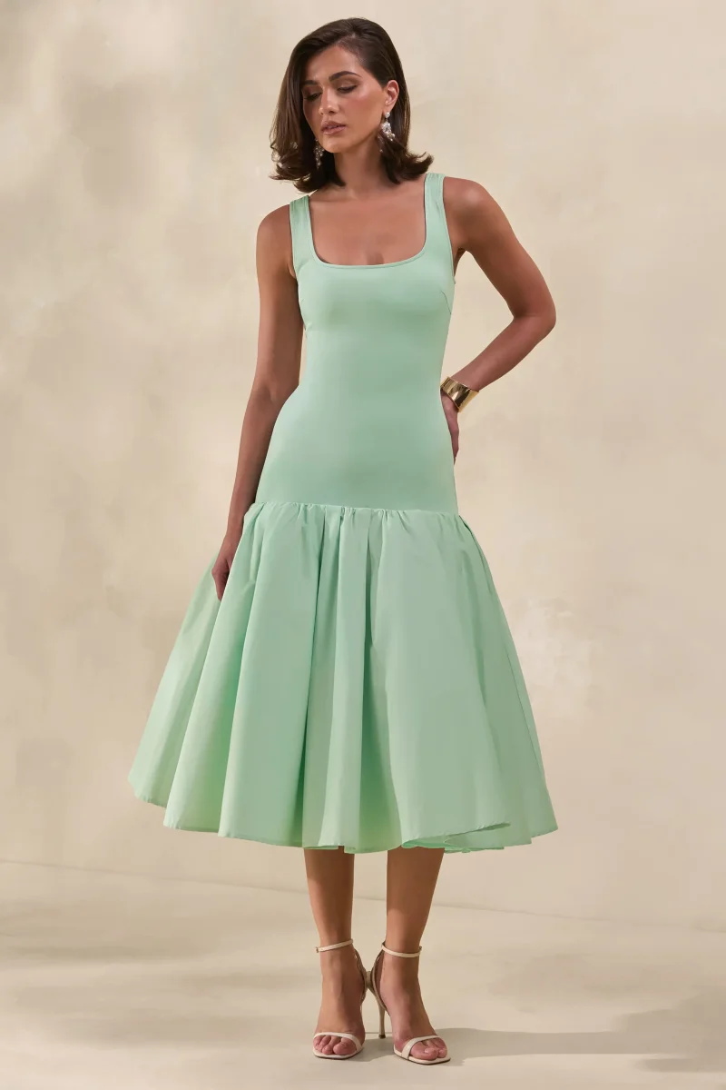 Nanette | Vestido Midi Verde Menta Con Cuello Cuadrado Y Falda Voluminosa - Imagen 6