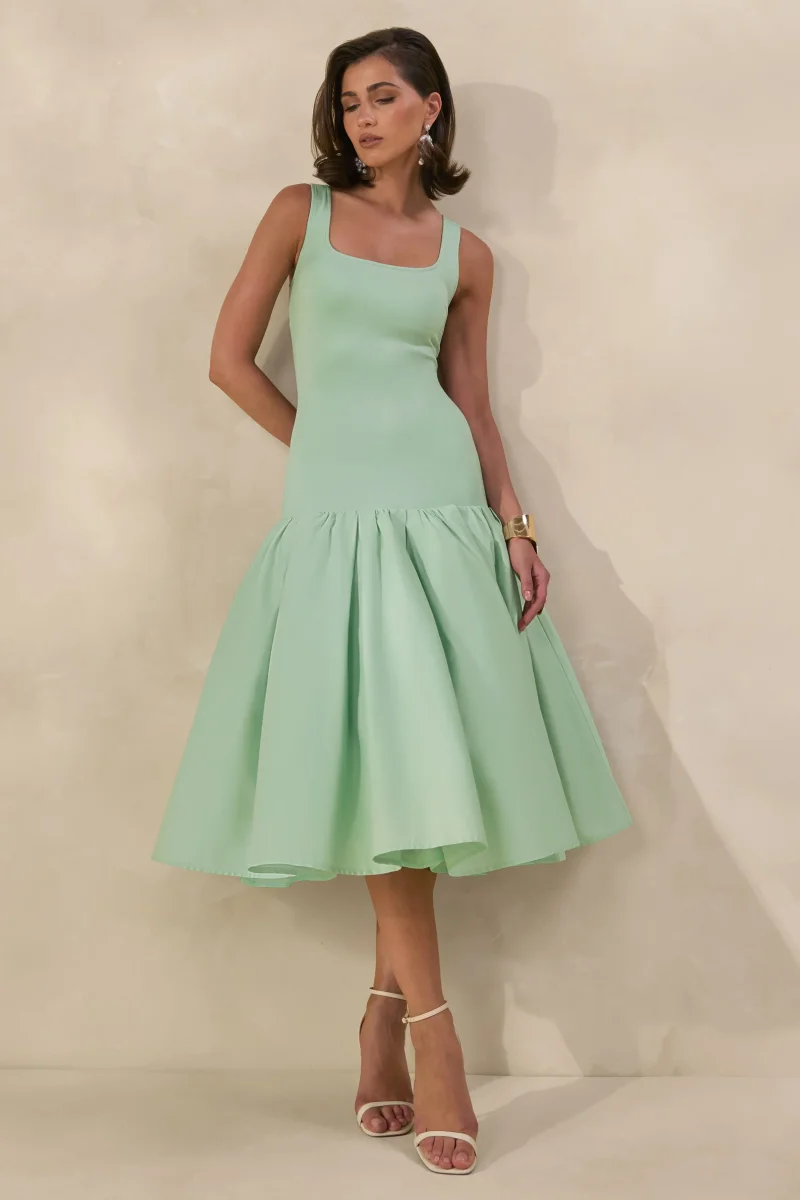 Nanette | Vestido Midi Verde Menta Con Cuello Cuadrado Y Falda Voluminosa - Imagen 5