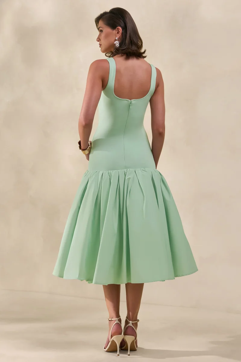 Nanette | Vestido Midi Verde Menta Con Cuello Cuadrado Y Falda Voluminosa - Imagen 3